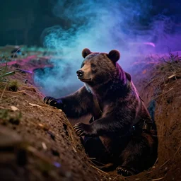 smoke,!!! neon colored, tilt shift wwi bear pondering over a dug out trench, dramatic light, zdzidaw, ultrafine, hyperrealistic, 3 2 k, 3 5 mm film still, movie