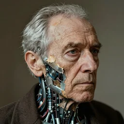 portrait of old man, skin peeling to reveal cybernetics, wires, art by ryo shiotani and greg rutkowski, intricate, beautiful, portrait photography, cinematic lighting, vintage art by serge ivanoff, high resolution, very detailed