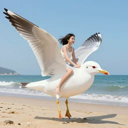 Digital art of a woman riding a giant seagull at the beach