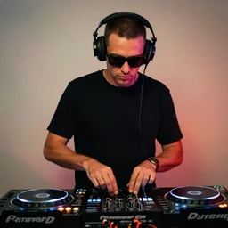 a terminator wearing heaphones and sunglasses DJing with DJ turntables, photoreal