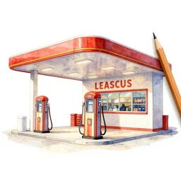a pencil and watercolor art of a beautiful luxurious gas station, retro and 1 9 8 0 s style, beautiful architecture, retro coloring, retro style, retro filter