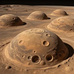 Detailed concept art, the craters on Mars covered by gigantic domes with complex ecosystems beneath them. Artstation HQ 4K.