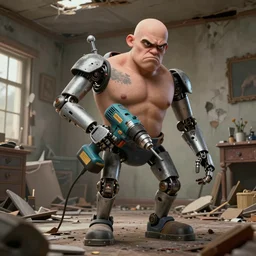 grumpy chunky bald handyman cyborg with powerdrill! body appendages, in a wrecked home, full body, hyperrealistic digital art masterpiece, highly detailed neo pop surrealism, jason limon kay sage hannah yata, dramatic lighting, low angle, uhd 8 k, sharp focus