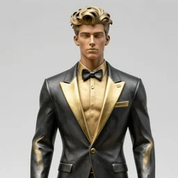 sculpture of a handsome athletic young man resembling zayn malik made out of steel and ceramic wearing a black tissue paper and gold geometric tuxedo by marc jacobs, paper graffiti, trees made out of origami, ethereal, fantasy, lawrence alma tadema, james jean, oozium, peter morbacher, angelarium, alchemy, luxury, heavenly light, soft illumination, cinematic lighting, very detailed, 3 d octane render, artgerm, trending on artstation, cgi society