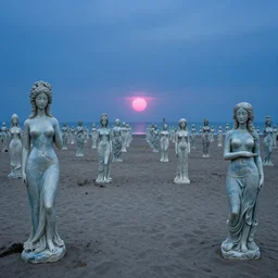 a long beach scattered with dozens of towering statues of ceramic women with pink light on the horizon by roger dean, zdzislaw beksinski highly detailed, 8 k, blue
