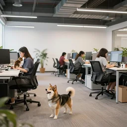 dogs and cats are working in co - working modern office