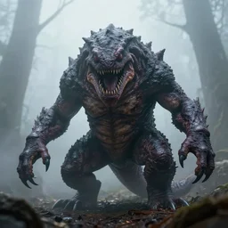 real life pokemon, creepy!!!, scaly!!!, menacing!!!, evil, ultra realistic, gritty, morning, fog, volumetric lighting, sharp focus