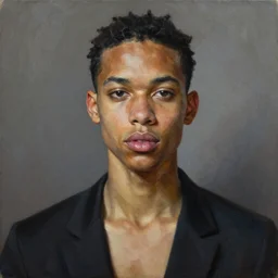 A portrait of a scrawny stylish and beautiful non-binary person, oil painting by Kehinde Wiley, majestic, detailed, high resolution
