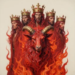 diadems, crowns, on a ten horned beast with seven heads, fiery red, detailed, intricate, matte painting by Les Edwards, Jim Burns and Michael Whelan