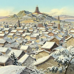 ming dynasty, city, winter, in the style of studio ghibli, j. c. leyendecker, greg rutkowski, artem
