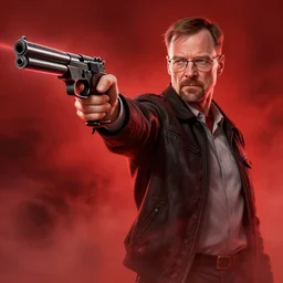 walter white coming out of a red mist pointing a deagle gun at me, epic, trending on artstation, accurate anatomy, highly detailed, digital art,