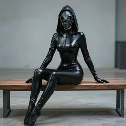full - body portrait of thin petite slender female hooded plague doctor : : in a extra tight shiny oiled black plague latex suit, long sleeves, turtleneck, restrictive ballet boots, plague crow mask : : cosplay, real photography, sitting on a bench