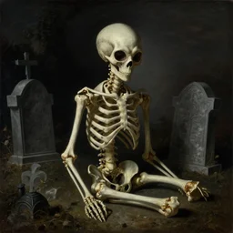 still life of surreal alien skeleton at a graveyard at night, beautiful baroque painting, chiaroscuro, volumetric cinematic perfect light, beautiful detailed octane render by raphael, rutkowski, caravaggio, giger, beksinski