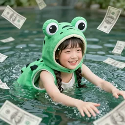 A girl in a frog costume is drowning in money real render