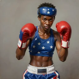 muscled dark skin female boxer wearing stars and stripes, highly detailed painting by gaston bussiere, craig mullins, j. c. leyendecker 8 k