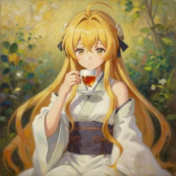 oil painting of elegantly dressed touhou character drinking tea in a dreamy garden, beautiful symmetrical face and body, rule of thirds, golden ratio, oil on canvas, highly detailed, warm color scheme art rendition, soft lighting, sharp focus, unique art rendition by adelaide labille - guiard, artemisia gentileschi in high quality anime artstyle