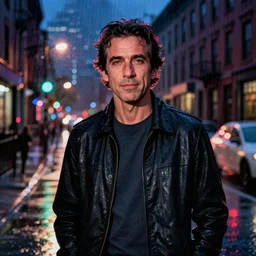 night flash portrait photography of oscar isaac on a rainy night on the lower east side by annie leibovitz, raining!!!, colorful!!, nighttime!!,