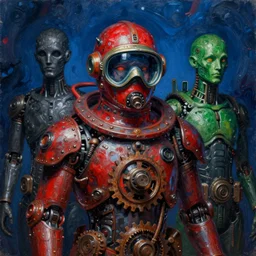 blue, red, green, dark, gothic, cyber, fantasy, rust, metal, rivets, cogwheel, human, creature, mannequin, machinery, scuba mask, by giger, masahiro ito, junji ito, rough oil paint, underpainting, highlights, john signer sargent