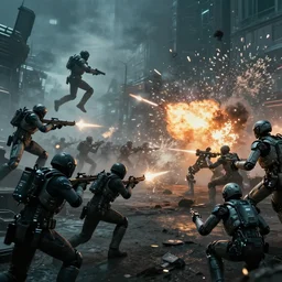 vfx film, blade runner 2 0 4 9 futuristic soldiers shoot at enemy robots futuristic war, battlefield war zone, shootout, running, shooting, explosion, battlefront, leaping, flat color profile low - key lighting award winning photography arri alexa cinematography, big crowd, hyper real photorealistic cinematic beautiful, atmospheric cool colorgrade