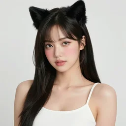 realistic beautiful gorgeous buxom natural cute blushed shy girl Blackpink Lalisa Manoban black hair cute fur black cat ears, wearing white camisole, headphones, black leather choker artwork drawn full HD 4K highest quality in artstyle by professional artists WLOP, Taejune Kim, Guweiz, Aztodio on Pixiv Instagram Artstation
