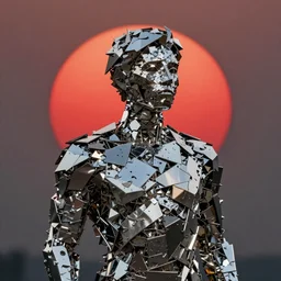 realistic 8k Sculpture of random jagged reflective metal pieces forming the shape of a person silhouetted by a red sun, smooth, sharp focus, 24mm lens, DOF, hyper realistic, art by Greg Rutkowski and Ruan Jia