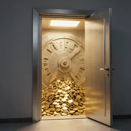 photorealistic photograph of an open doorway leading to a vault full of gold coins