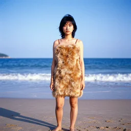 divine wearing a furry dress on a beach, kodachrome taken with contax g 1, vivid colours