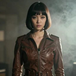moody, youthful asian blade runner demure, 3 5 mm, exquisite features, feminine cut, pris mascara, 1 9 7 0's frontiers in flight leather suit, roger deakins, smoke, grain, misty, back lit