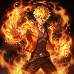 character art by wlop, young man, blonde hair, on fire, fire powers
