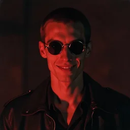 orientalist painting portrait of a slender man with short hair and rounded sunglasses, malevolent smile, atmospheric and obscure, red neon light, by roger deakins, cinematography, syd mead, realistic, 8 0 mm