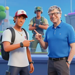 jonesy from fortnite concluing a trade with bill gates, fortnite model, octane model, detailed, 4 k, octane render, 3 d render