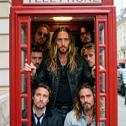 photo of a phone booth stuffed full of 1 0 0 jared leto's who look uncomfortable