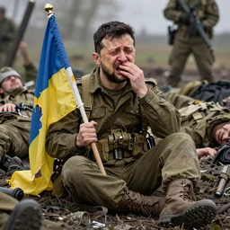 a caricature of Volodymyr Zelensky at war,  dressed like  a Vietnam war American soldier ,  sitting on the ground between dead corpses , crying and weeping, holding a half burnt  flag of Ukraine,  by Alexander Saroukhan
