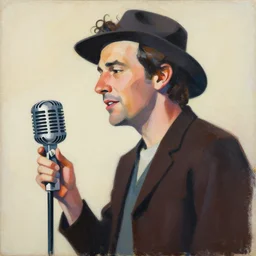 greg manchess portrait painting of a male folk singer and a vintage microphone, medium shot, asymmetrical, profile picture, organic painting, sunny day, matte painting, bold shapes, hard edges, street art, trending on artstation, by huang guangjian and gil elvgren and sachin teng