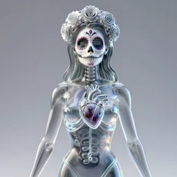 la catrina statue made in pure glass showing her heart beating inside her transparent chest, realistic, renderized with cinema 4 d and unreal engine 5, 8 k