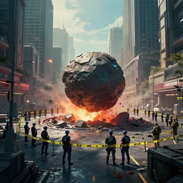 cyberpunk style city, a meteorite hit the center of the city, many police and soldiers set up a cordon around, 4 k, cg, sunlight, cinematic, highly detailed
