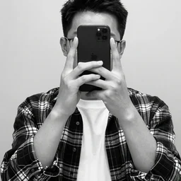 black and white selfie of a man with hands on his face, open plaid shirt, white shirt under, cellphone visible