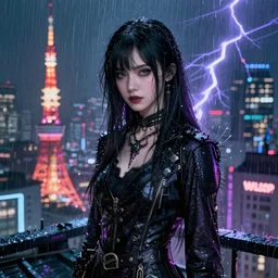 portrait futuristic nefarious cyberpunk young female Necromancer, in futuristic rainny thunder flashing tokyo rooftop cyberpunk night, ssci-fi, fantasy, intricate, very very beautiful, elegant, neon light, highly detailed, digital painting, artstation, concept art, soft light, hdri, smooth, sharp focus, illustration, art by tian zi and craig mullins and WLOP and alphonse mucha