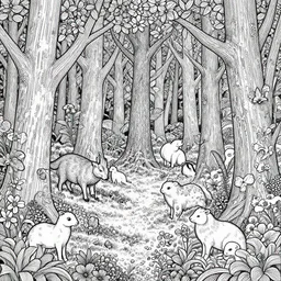 black and white intricate and superdetailed lineart of a forest blooming with many small animals