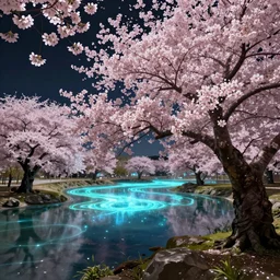 a foreign planet with massive cherry blossom trees and glowing lakes, super detailed, harsh lighting, WLOP