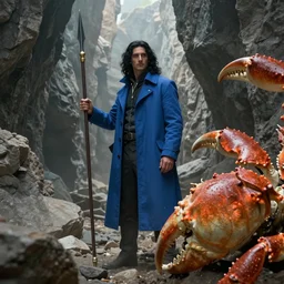 a man with a long wavy black hair wearing a long blue coat and holding a spear in the background in a rocky chasm. in the foreground, a gigantic crab claw can be seen entering the right side of the frame. fantasy art by greg rutkowski