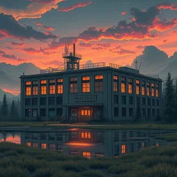 a beautiful photorealistic anime illustration of urbex industrial architecture city architecture unfinished building abandoned post office by renzo piano, laser extraterrestial sunset lake vaporwave elysian at night reclaimed by nature magic realism myst wilderness, archdaily, wallpaper, highly detailed, trending on artstation.