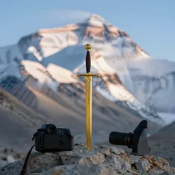 a golden sword is sitting on the peak of mount everest, clear focus, bokeh effect, high res, hasselblad, dslr