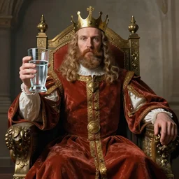 king on a throne with a glass of water filled tankard in his hand, in the style of michael sowa, detailed, 4 k, beautifully lit, octane, wlop