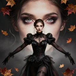 gorgeous female stella maeve magician, realistic character concept, medium shot, elegant pose, spooky, illustration, symmetrical face and body, realistic symmetrical eyes, artstation, cinematic lighting, detailed realistic symmetrical eyes, 8 k, charlie bowater, tom bagshaw, single face, insanely detailed and intricate elegant, autumn leaves