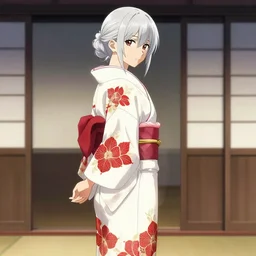 ((beautiful)) girl, silver hair, white kimono with complex red flower patterns, full body, looking to camera, showing her shoulder from back, ilustration by (Takehiko Inoue) ((and Krenz Cushart))