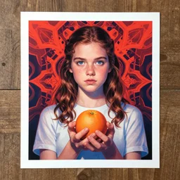 stranger things by evelyn de morgan, by jack kirby funereal, kaleidoscopic. a print of a young woman holding an orange