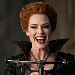 an ultra realistic, headshot portrait, of evil queen elizabeth, laughing, with a crossbow, cinematic, beautiful lighting by annie leibovitz