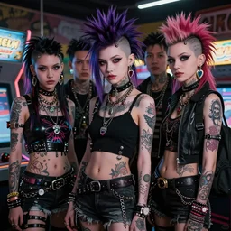 egirl punk androids with mohawks, piercings, dyed hair, tattoos. standing in an arcade. intricate. gorgeous detailed portrait. cinematic. sharp focus. octane. by stalenhag. kilian eng. mucha. alex gray. bibin. wlop.
