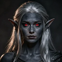 color portrait of a dark gray elf female (with silver hair and red eyes), Greg rutkowski, Trending artstation, cinematográfica, digital Art
